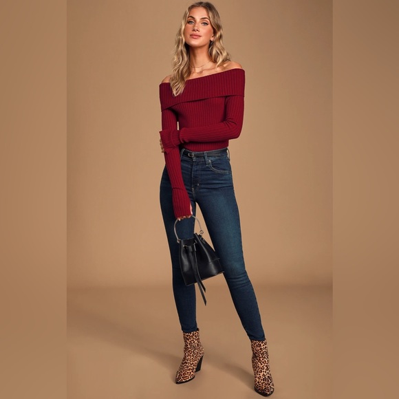 Lulu’s Perfect Timing Burgundy Ribbed Off-The-Shoulder Sweater Top NWT - Picture 3 of 6